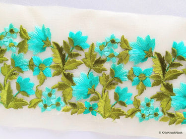 Gold Sheer Tissue Fabric Trim With Embroidered Turquoise / Red / Dark Blue / Pink / Blue / Orange & Green Flowers,
